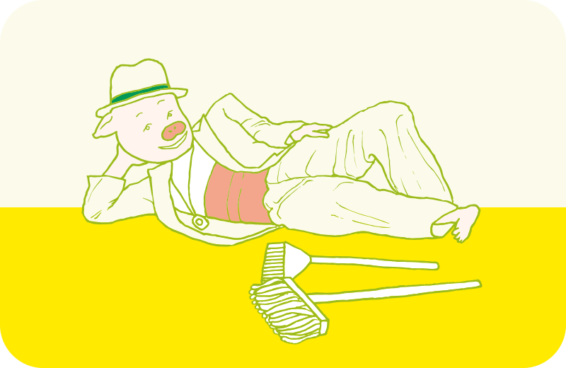 いつもの寅さんの衣装で、床に悠々と横たわって微笑むトン作のイラスト