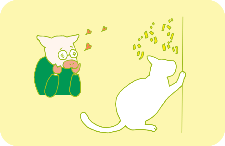爪研ぎする猫をうっとりした表情で見つめるトン十郎のイラスト