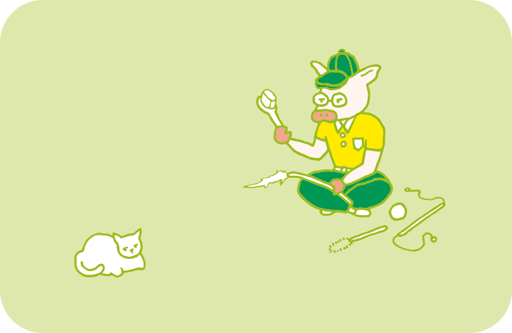 大量の猫おもちゃに囲まれるトン十郎と、トン十郎に一切関心のない猫のイラスト