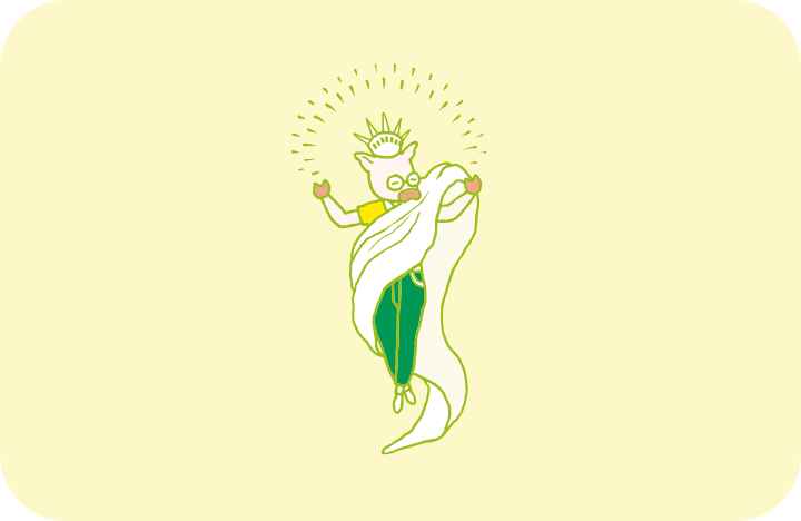 もはや「片付けなくちゃ」という概念からは解脱したようにさえ見える「片付けの神」のイラスト