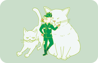 灰色熊のような二匹の猫と、猟師姿の宮沢トン治のイラスト