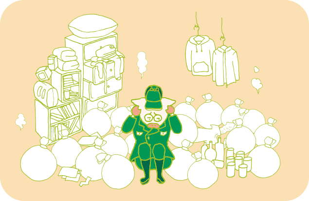 汚部屋になってしまった自室で、頭を抱えて途方にくれるトン治のイラスト