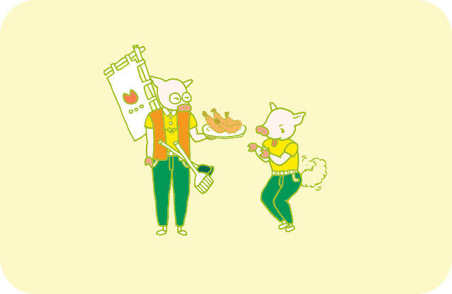 えびふりゃあを見てしっぽを振って喜ぶトン之丞のイラスト