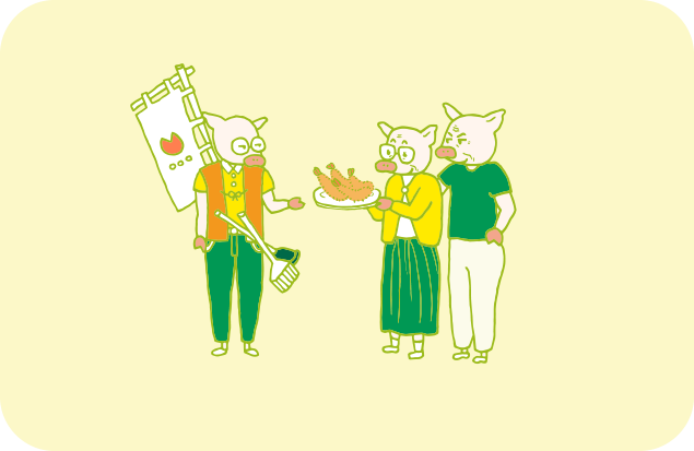 おばあさんお手製のえびふりゃあを手渡され、見送られるトン十郎のイラスト
