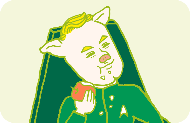 自信満々で、嬉しそうにリンゴを食べこぼしまくるカーク船長のイラスト