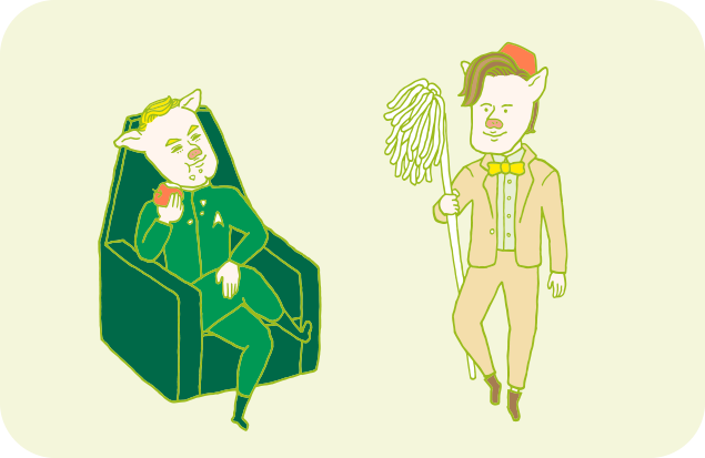 リンゴを食べこぼしまくるカーク船長と、トルコ帽を被ってモップを持つドクターのイラスト