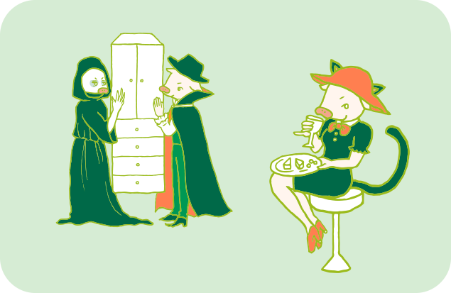 ハロウィン用のかわいいネコの衣装を着て、ゆったりくつろぐトン子と、その後ろで片付けをするトン之丞とトン太