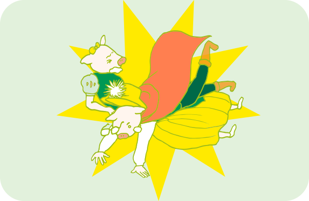 片づけ姫のお腹の上に思い切り倒れこむ整頓王子のイラスト
