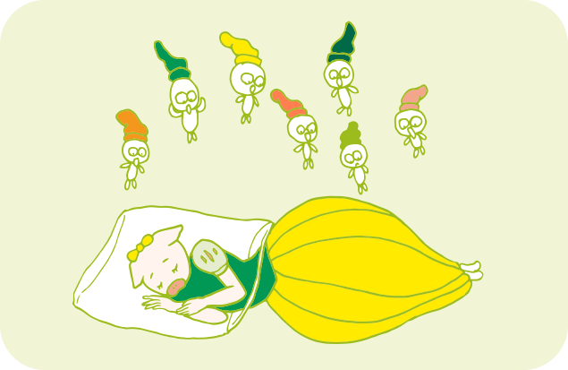 ゴミ袋を被って倒れている片づけ姫を見て、唖然とする小人たちのイラスト