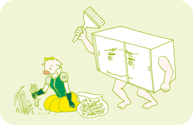 片づけ姫を手にかけようとしたものの、間一髪、なんとか思いとどまる物置のイラスト