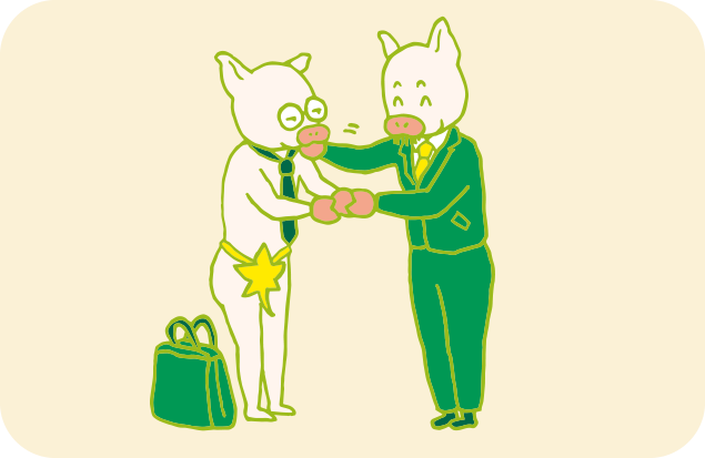 葉っぱ一枚の姿で、大口のクライアントと契約を結ぶAさんのイラスト