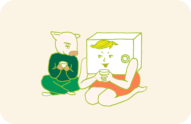 仲睦まじく暖かいスープを飲む、金庫ちゃんとトン太のイラスト