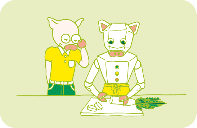 テキパキと料理するロボットと、それを見ているトン十郎のイラスト