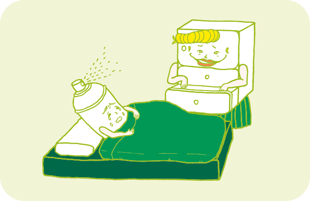 ベッドの中のヘンデルに、引き出しの中身を見せようとしている、悪い顔のグレテルのイラスト