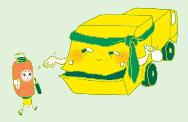 ワインを片手に歩く赤ちょうちんちゃんと、酔っ払いの不用品回収車のイラスト