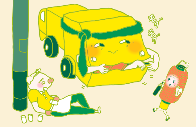 大きな口から屋台を覗かせている不用品回収車と、へべれけの赤ちょうちんちゃんのイラスト