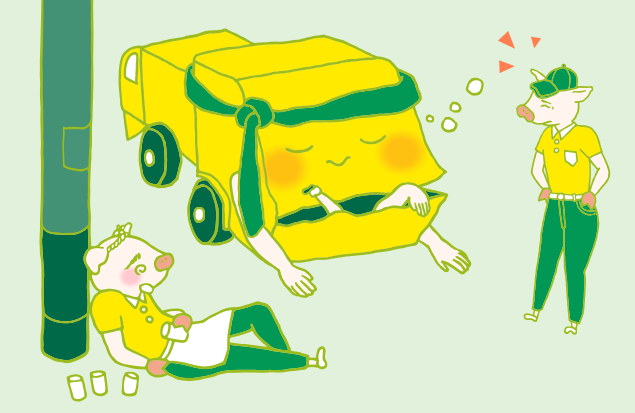 寝ている不用品回収車を見て呆れた様子の、運転手のトン吉のイラスト