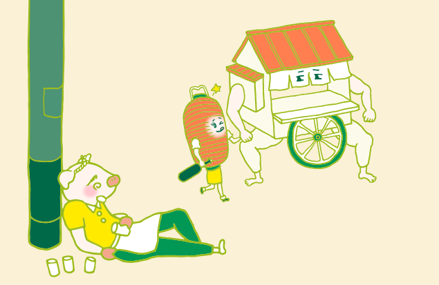 寝ているおやじさんには目もくれず、歩いていく赤ちょうちんちゃんと屋台のイラスト