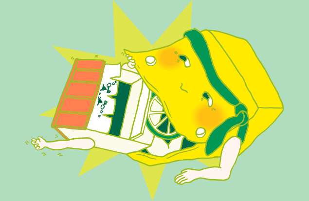 大きな口で屋台を一飲みする不用品回収車のイラスト