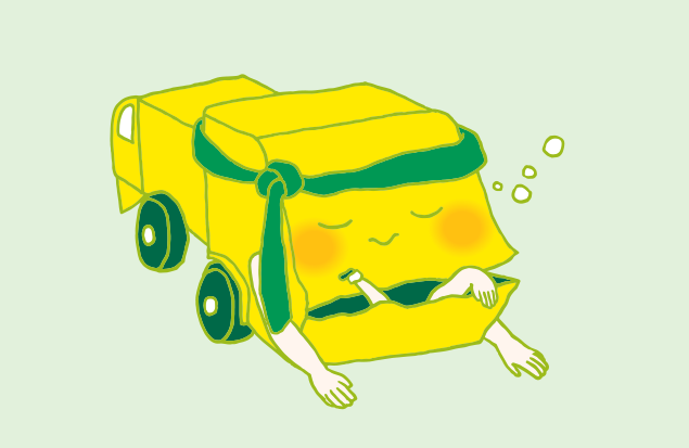 お腹がいっぱいで、眠ってしまう不用品回収車のイラスト