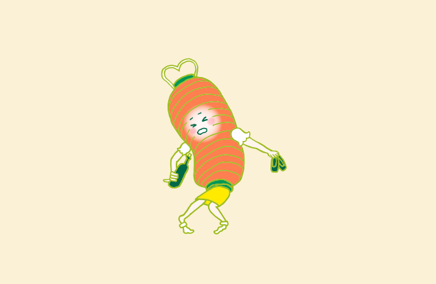 ベロベロのフラフラで、屋台のおやじさんのところへ向かう赤ちょうちんちゃんのイラスト