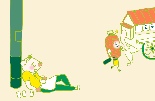 徐々に遠ざかっていく赤ちょうちんちゃんと屋台のイラスト