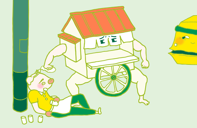 おやじさんと屋台の隙をうかがう、不用品回収車のイラスト