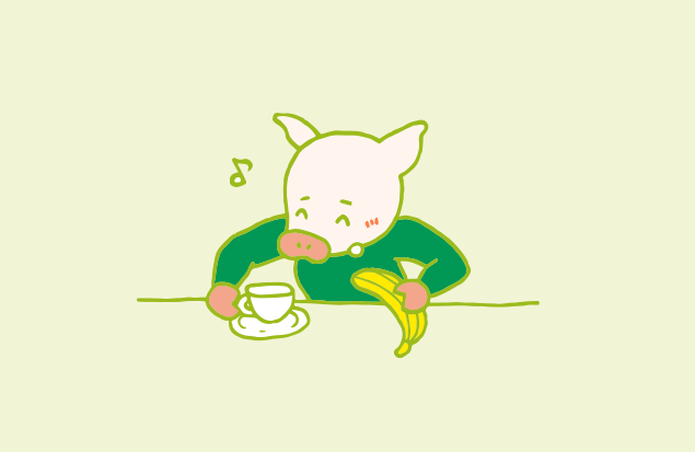 フェアトレードのコーヒーとバナナを楽しむ、かよトンのイラスト