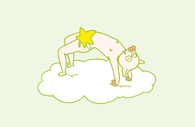 雲の上で、葉っぱ一枚しか身につけずにブリッジする、「生活感がない」トン十郎のイラスト