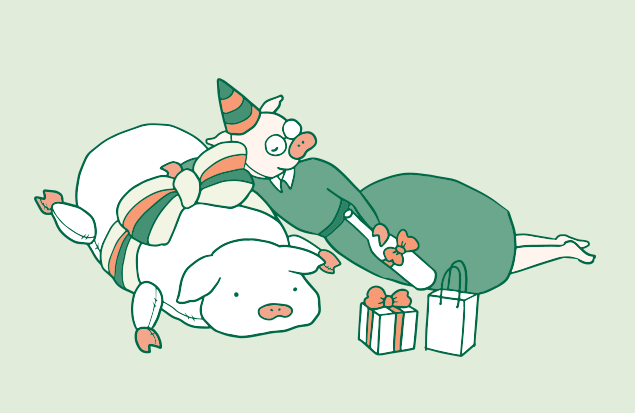 クリスマスパーティ帰りで、プレゼントをたくさん持っているイラスト
