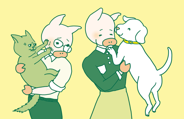 猫好きと犬好きが並んでいるイラスト