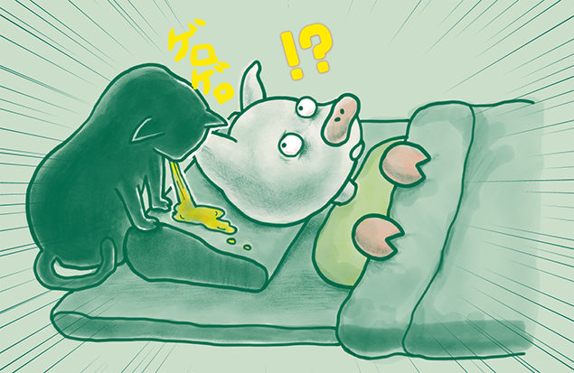 みちトンの枕元で猫がゲロゲロしているイラスト