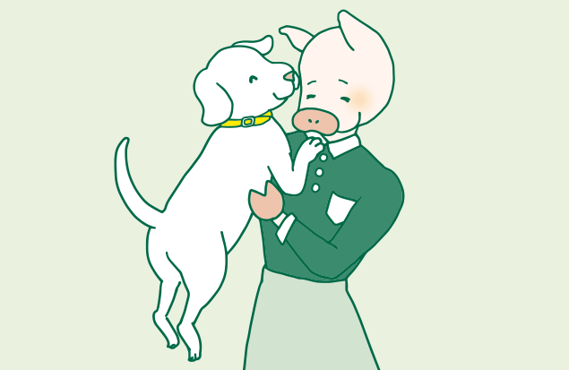 かよトンに抱っこされている犬のイラスト