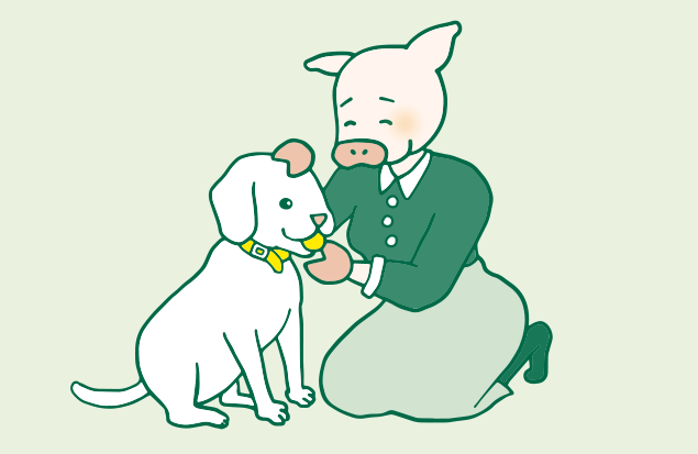 ボールを持ってきた犬に、ニッコニコのかよトンのイラスト