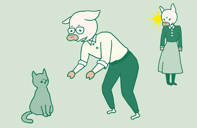 猫にメロメロなトン十郎と、後ろで密かに起こっているかよトンのイラスト