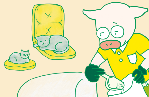 猫トイレを掃除しているトン十郎と、後ろでくつろいでいる猫さま2匹のイラスト