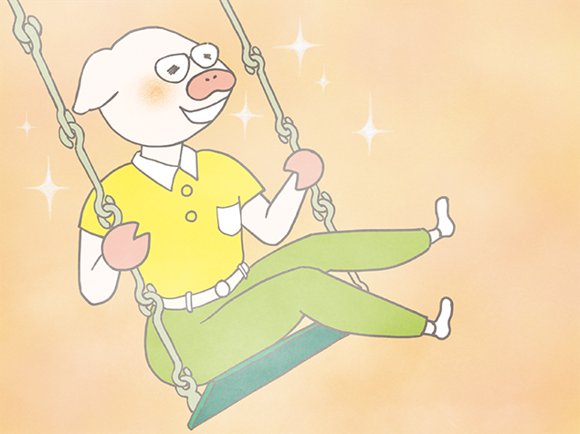 ブランコに乗って、心底嬉しそうなトン十郎のイラスト