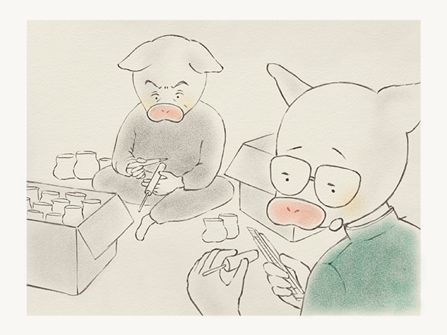 内職のバリ取りをする、トン十郎とその父のイラスト