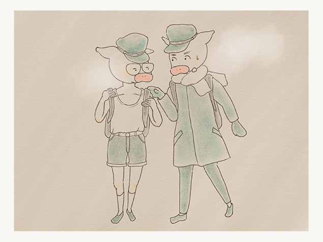 ランニングと短パンで通学するトン十郎のイラスト