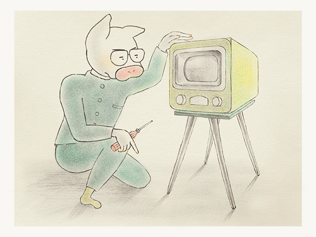 真空管テレビを自分で治そうとしている、高校時代のトン十郎のイラスト