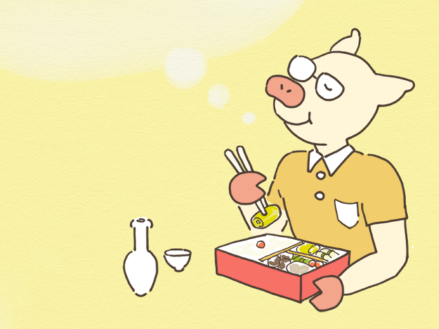 駅弁を食べながら、ばかなことを考えているトン十郎のイラスト