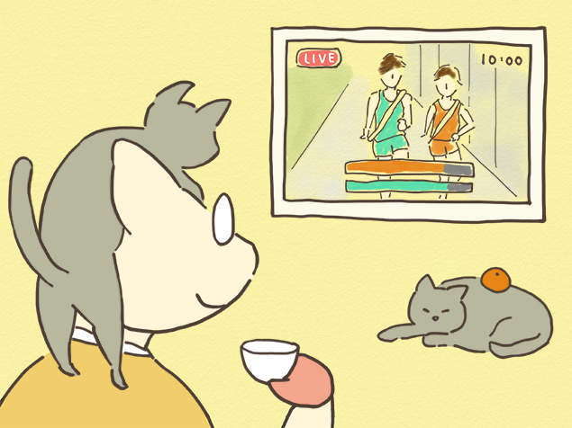 駅伝を見ているトン十郎のイラスト
