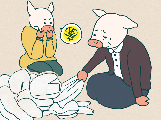 ごちゃごちゃの服を見て、思わず怒ってしまいそうなかよトンのイラスト