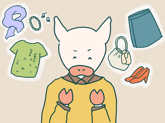 ブティックで買うものを想像しているかよトンのイラスト
