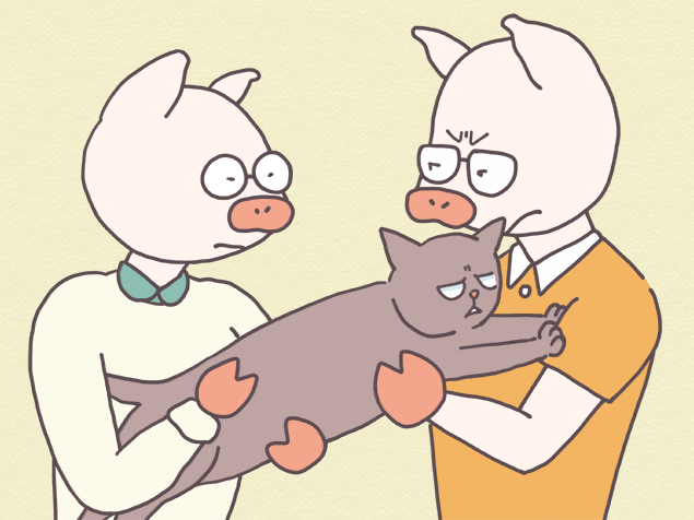 愛猫の取り合いをしているイラスト