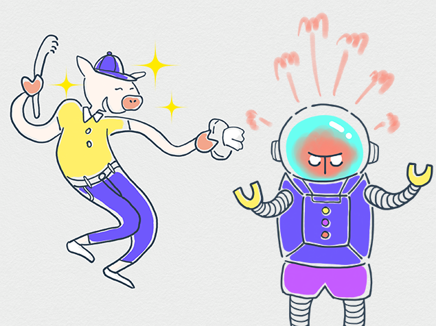にこやかに柔軟な対応をするトントンと、煙を出しているロボットのイラスト