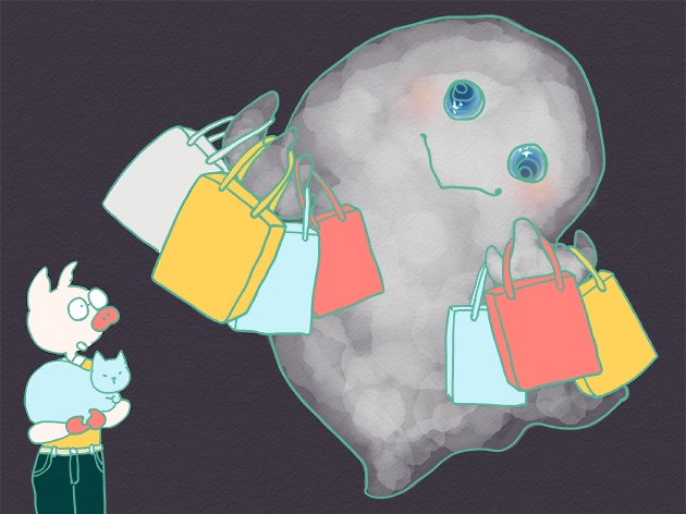 買い物をしてハッピーなオバケのイラスト