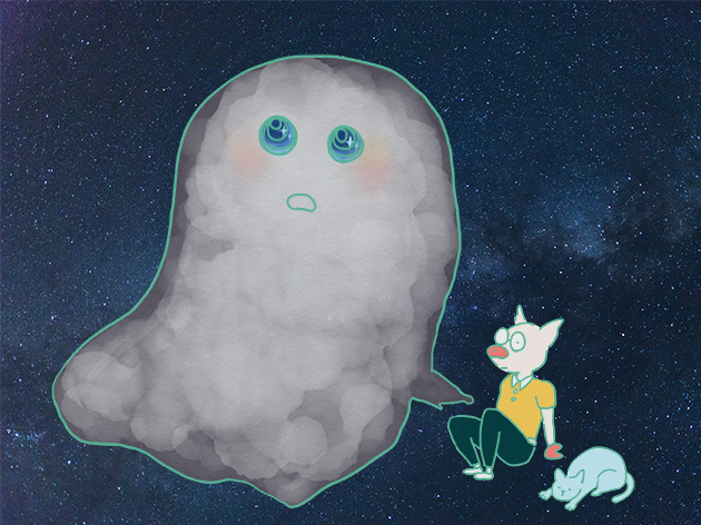 星を眺めるオバケ・トン十郎・猫のイラスト