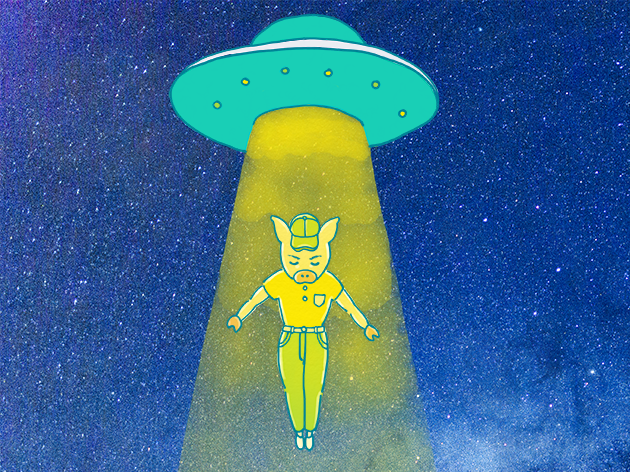 UFOから降りてくるトン太のイラスト