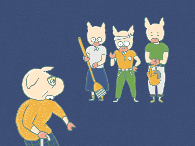 家族で実家の片付けに挑もうとしているところのイラスト